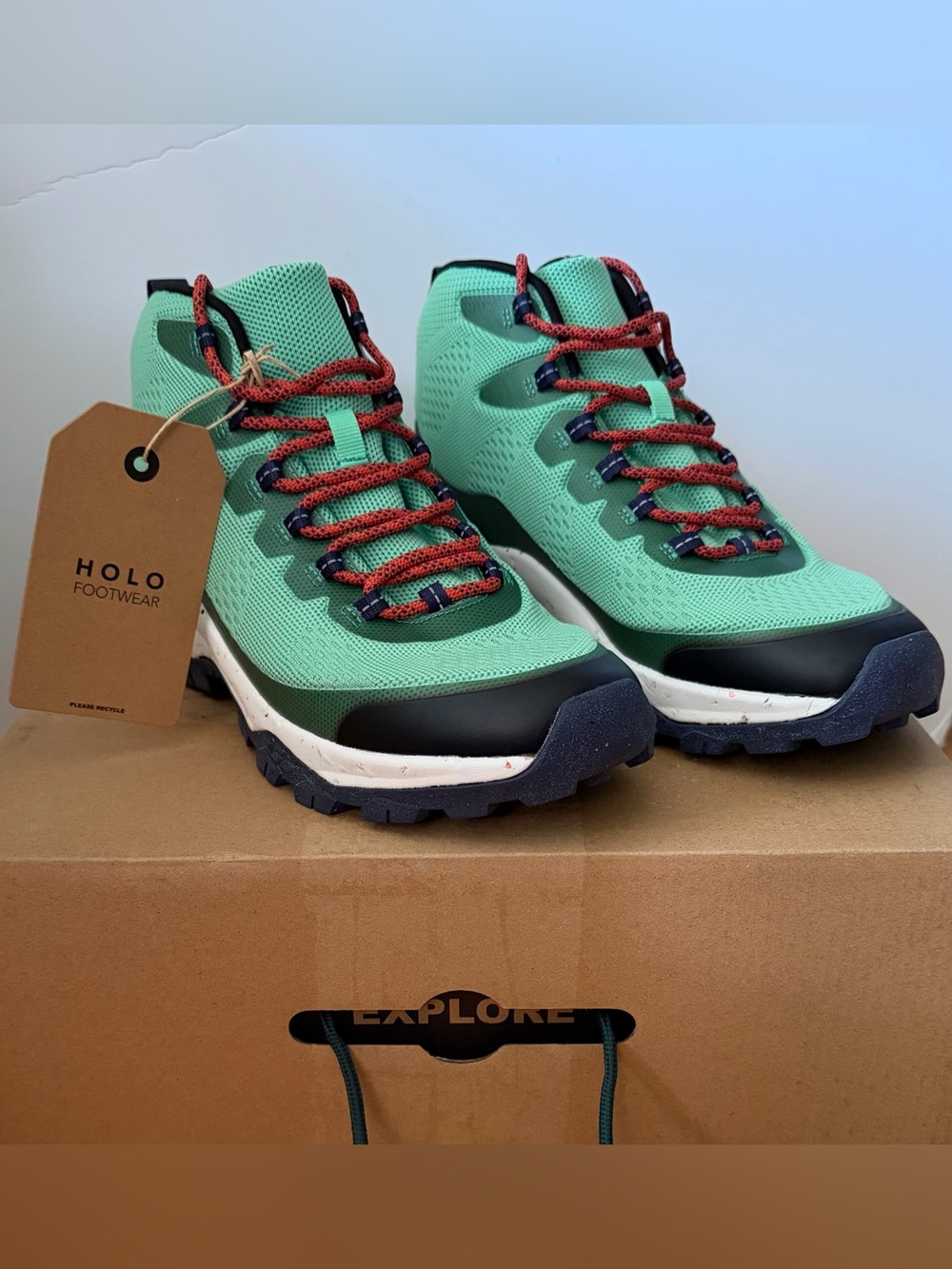 HOLO Mens Footwear Troy Mid Absinthe Mint Green Hiking Sneakers with Red Laces